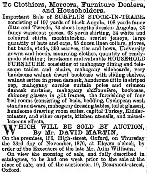 Sale of stock of Adin Williams JOJ 11 Nov 1876