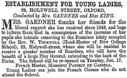 Advertisement for school on 7 January 1865