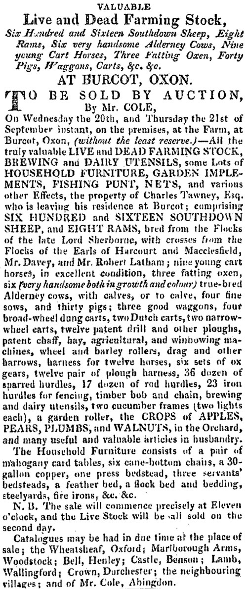 Sale of Tawney's Burcot Farm in 1820